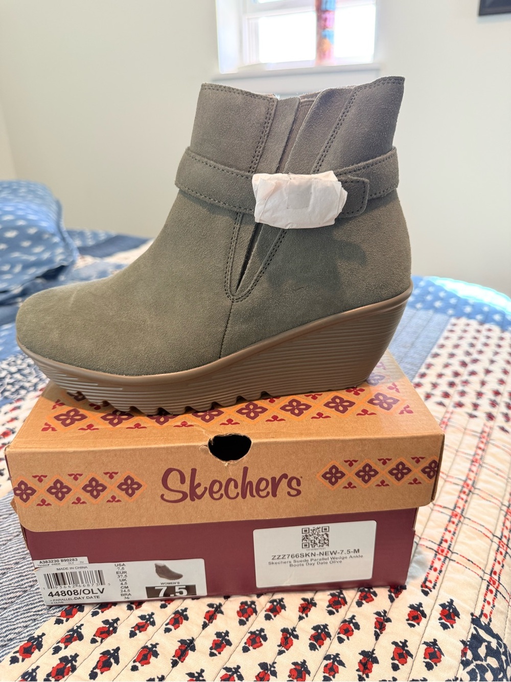 Skechers Olive Suede Wedge Ankle Bootie